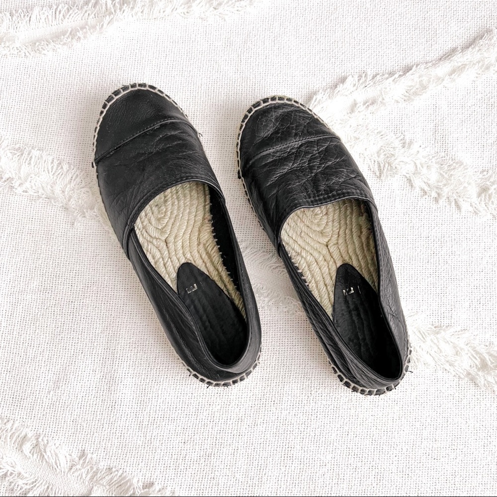 Womens black faux leather slip on espadrille shoes